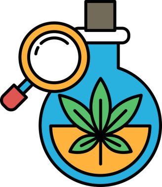 Üzerinde bir büyüteç bulunan bir şişe esrar gösteriliyor. Şişe mavi ve büyüteç turuncu. Şişenin içeriğiyle ilgili merak ve entrika kavramı