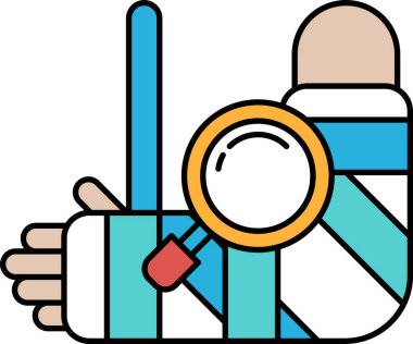 Kolunda alçı olan biri bir büyüteç tutuyor. Merak ve soruşturma kavramı, sanki kişi yarasını inceliyor ya da ne olduğunu anlamaya çalışıyor gibi.