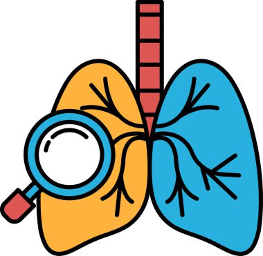 Üzerinde büyüteç olan bir akciğere yakın çekim. Akciğer mavi ve turuncu renkte gösterilir.