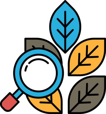 Üzerinde büyüteç olan yeşil yapraklı bir bitki. Büyüteç mavi, yapraklar yeşil ve kahverengi.