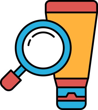 Üzerinde büyüteç olan bir tüp losyon gösterilir. Tüpü turuncu ve mavi, büyüteç ise mavi ve kırmızı. Losyon tüpünün içeriğini inceleme kavramı