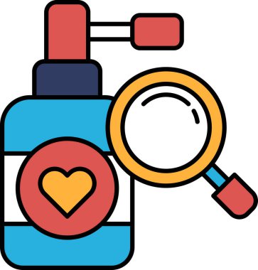 Üzerinde kalp olan bir ilaç şişesi ve bir büyüteç. Şişe mavi ve kırmızı.