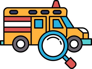 Üzerinde büyüteç olan sarı bir okul otobüsü. Otobüs bir ambulanstır. Görüntünün amacı, acil servislerin ve ambulansların hayat kurtarmadaki rolünü göstermek.