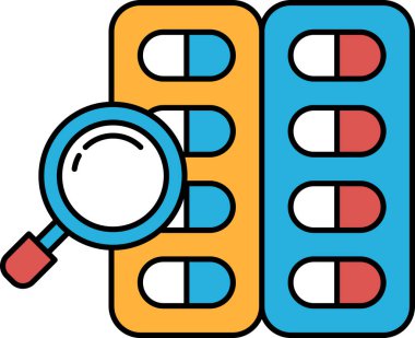 Üstünde büyüteç olan bir ilaç şişesinin yakın çekimi. İlaç şişesi mavi ve turuncu.