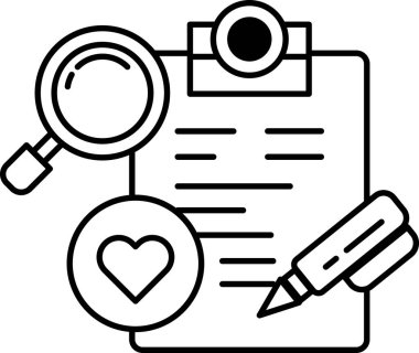 İçinde büyüteç, kalem ve kalp olan bir kağıt parçası.