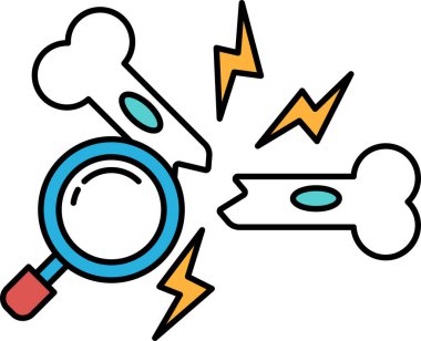 Üzerinde büyüteç olan bir kafatası karikatürü. Kafatası kemiklerle çevrili ve büyüteç kafatasını gösteriyor. Merak ve soruşturma kavramı