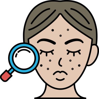 Üzerinde büyüteç olan bir kadının yüzü. Kadının yüzü sivilcelerle kaplı.