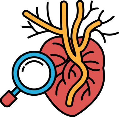 Üzerinde büyüteç olan bir kalbe yakın çekim. Kalp kırmızı ve turuncu ve damarlar görünür durumda. Merak ve merak kavramı, sanki izleyici kalbe yakından bakıyor gibi.