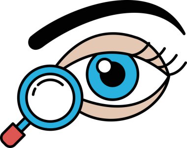 Üzerinde büyüteç olan bir çizgi film gözü. Göz mavi, büyüteç de kırmızı.