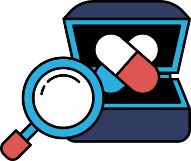 Üzerinde büyüteç olan mavi bir kutu ve içinde kırmızı bir hap. Hapın üzerinde kalp sembolü var.