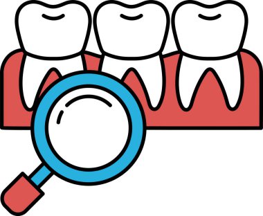 Üzerinde büyüteç olan bir dişin yakın çekimi. Diş kırmızı bir arka planla çevrilidir.