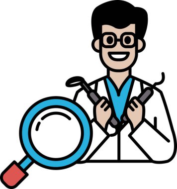 Beyaz laboratuvar önlüklü bir adam elinde bir çift diş aleti ve büyüteç tutuyor. Gülümsüyor ve mutlu.