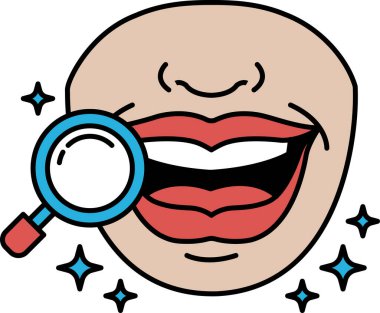 Üzerinde büyüteç olan gülümseyen bir ağız karikatürü. Ağız açık ve dişler görünür durumda. Merak ve keşif kavramı, sanki izleyici dişlere yakından bakıyor gibi.
