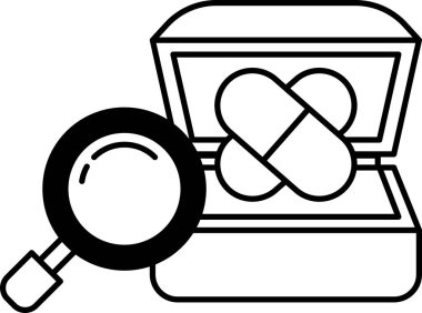 Bir büyüteç içinde haplar olan bir kutuya bakıyor.