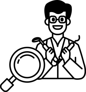 Beyaz laboratuvar önlüklü bir adam elinde bir çift diş aleti ve büyüteç tutuyor.