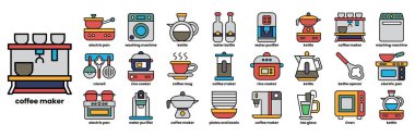 Bir kahve makinesi çeşitli mutfak aletleriyle gösterilir. Görüntünün ana odak noktası kahve makinesidir, fakat bir tost makinesi, bir blender gibi mevcut olan birçok başka öğe de vardır.