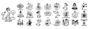 Golf oynamak, kağıt oynamak ve egzersiz yapmak gibi çeşitli aktiviteleri gösteren bir dizi resim. Resimler bir ızgaraya yerleştirilmiş, her satır farklı bir etkinliği temsil ediyor.