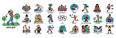 Golf oynamak, kağıt oynamak ve egzersiz yapmak gibi çeşitli aktiviteleri gösteren bir dizi resim. Resimler bir ızgaraya yerleştirilmiş, her satır farklı bir etkinliği temsil ediyor.
