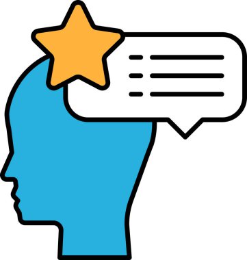 Üzerinde yıldız olan mavi bir kafa ve içinde yıldız olan bir konuşma balonu. Konuşma balonu çizgilerle dolu ve yıldız sarı