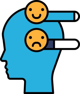 İki yüzü olan mavi bir kafa. Biri gülümsüyor, diğeri somurtuyor.