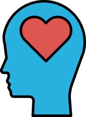 Ortasında kırmızı kalp olan mavi bir kafa. Kalp mavi bir daire ile çevrilidir. Aşk ve pozitiflik kavramı