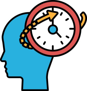 Ortasında saat olan kırmızı daireli mavi bir kafa. Saat 10: 00 'u gösteriyor.