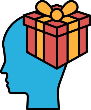 Üstünde kırmızı ve sarı bir kutu olan bir kafa. Kutu bir hediye. Başı mavi.