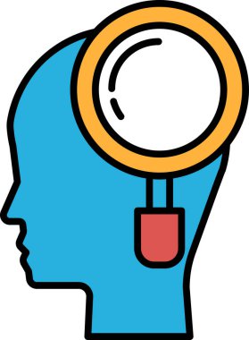 Üzerinde sarı büyüteç olan mavi bir kafa. Kafası sağa bakıyor.