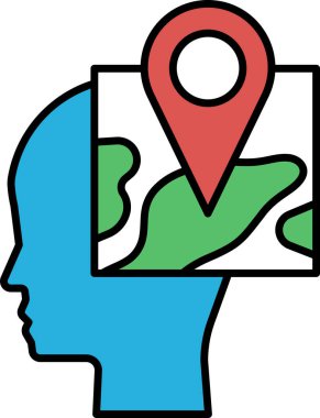 Üzerinde kırmızı nokta olan mavi bir kafa. Başı yeşil bir alanla çevrili. Kırmızı nokta bir harita işareti.