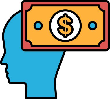 Bir kişinin kafası üzerinde bir dolar banknotuyla gösterilir. Dolar banknotu sarı ve kırmızıdır. Para ve zenginlik kavramı