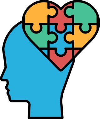 Ortasında kalp olan bir yapboz parçası. Yapboz parçaları farklı renklerde ve kalp de yapboz parçalarının ortasında.