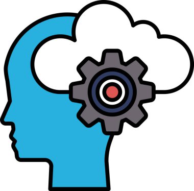 Arka planda bulut ve ortasında vites olan mavi bir kafa. Kafa özenle tasarlanmış ve bulut ve teçhizat dikkatlice yerleştirilmiş.