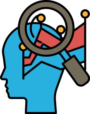 Üzerinde büyüteç olan mavi bir kafa. Başı kırmızı ve mavi bir daire ile çevrili.