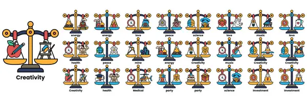Üzerinde çok farklı ağırlıklar ve çeşitli eşyalar olan bir ölçek. Ölçek, yaşam dengesi ve dengeyi bulmanın önemi için bir metafordur.