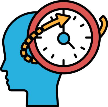 Ortasında saat olan kırmızı daireli mavi bir kafa. Saatin elleri 1 ve 9 numaralarını gösteriyor.