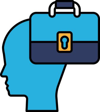 Üstünde evrak çantası olan mavi bir kafa. Çantanın üzerinde kilit var.