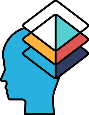 Üzerinde beyaz ve çok renkli bir üçgen olan mavi bir kafa. Üçgen daha küçük üçgenlerden oluşur ve kafa mavi bir kenarla çevrilidir. Yaratıcılık ve yenilik kavramı