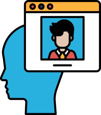 Mavi bir kutuda bir adamın yüzü gösterilir. Adam kırmızı kravat takıyor.