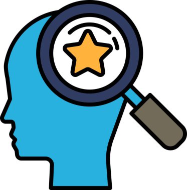 Üzerinde büyüteç olan mavi bir kafa ve ortasında bir yıldız. Yıldız bir çemberle çevrilidir.