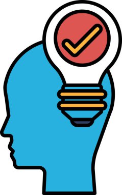 Kafasında ampul ve işaret olan bir kafa. Ampul yeni bir fikri ya da düşünceyi temsil ediyor ve işaretleme işareti bunun iyi bir fikir olduğunu gösteriyor. Yaratıcılık ve yenilik kavramı