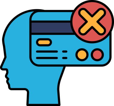 Üzerinde kırmızı X olan mavi bir kafa. X harfi bir kredi kartında. Kafa yukarı bakıyor ve kart kafanın ortasında.