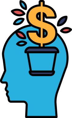 Mavi bir kafanın üstündeki bir tencereye bir dolar işareti yerleştirilir. Dolar işareti yapraklarla çevrili, bu da büyüme ve refah izlenimi veriyor. Finansal başarı kavramı