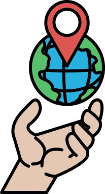 Üzerinde kırmızı ve yeşil bir iğne olan küreyi tutan bir el. Küre bir daire ile çevrilidir.