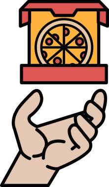 İçinde pizza olan bir pizza kutusunu tutan bir el. Pizza kutusu turuncu ve kırmızı. El, yüzünde bir gülümsemeyle kutuyu tutuyor.