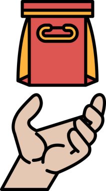 Bir el kırmızı bir çanta tutuyor. Çanta açık ve içindekiler dökülüyor. El düşen eşyaları yakalamak için uzanıyor. Acil durum kavramı ve yardım etme ihtiyacı