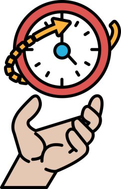 Elleri 1 ve 12 rakamlarını gösteren saati tutan bir el. Saat kırmızı ve beyaz.