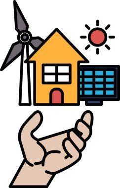 Bir el ev ve yel değirmeni tutuyor. Ev sarı ve yel değirmeni siyah. Yenilenebilir enerji kavramı ve sürdürülebilir yaşamın önemi