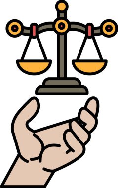 Üzerinde adalet yazan bir terazi tutan bir el. El teraziyi yukarı ve aşağı tutuyor, sanki bir ağırlığı varmış gibi. Adalet kavramı ve bazı şeyleri adil tartmanın önemi