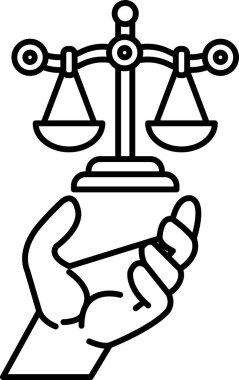 Üzerinde adalet yazan bir terazi tutan bir el.