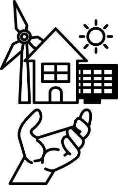 Bir el bir ev ve bir yel değirmeni tutuyor.